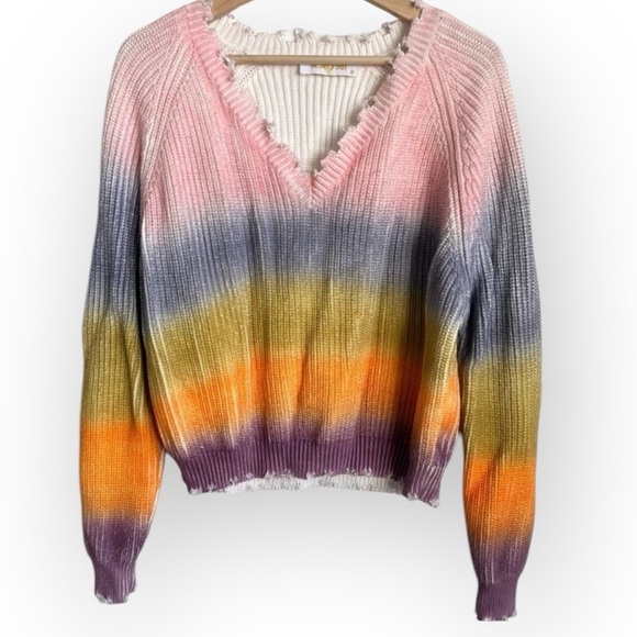 The Indigo Child Distressed Rainbow Sprayed V Neck Sweater Colorful Sz M - Picture 1 of 14